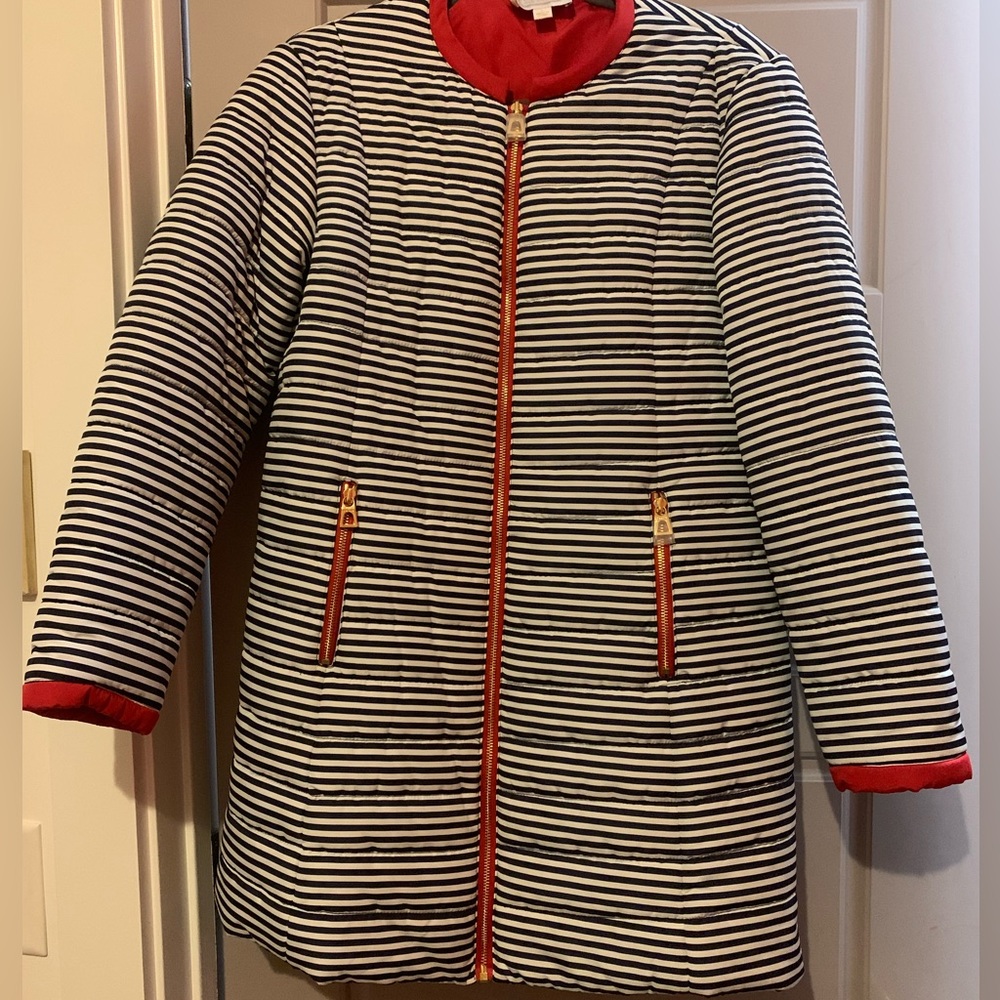 NEW Sail to Sable Puffer Coat Jacket Navy White Stripes RED accents Gold Large